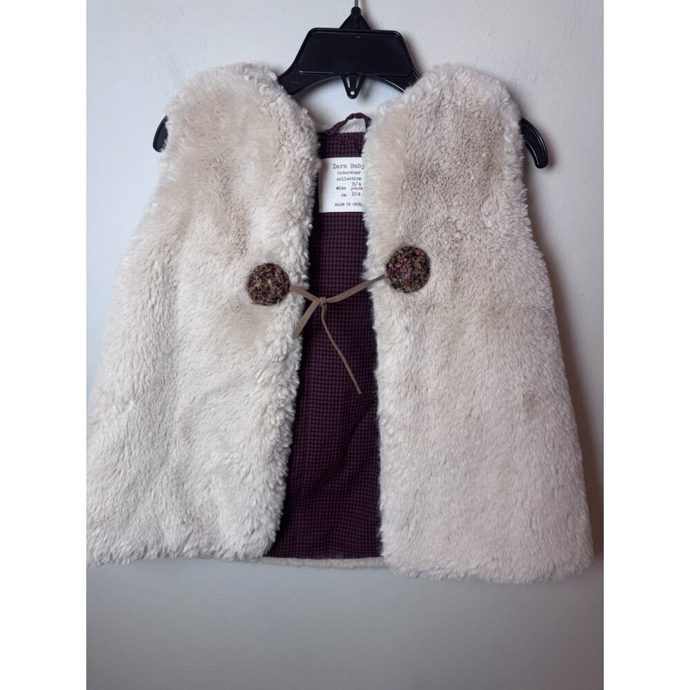 Zara Outerwear Collection Vest Ivory Faux Fur Tie Front Check Lining 3/4 yrs